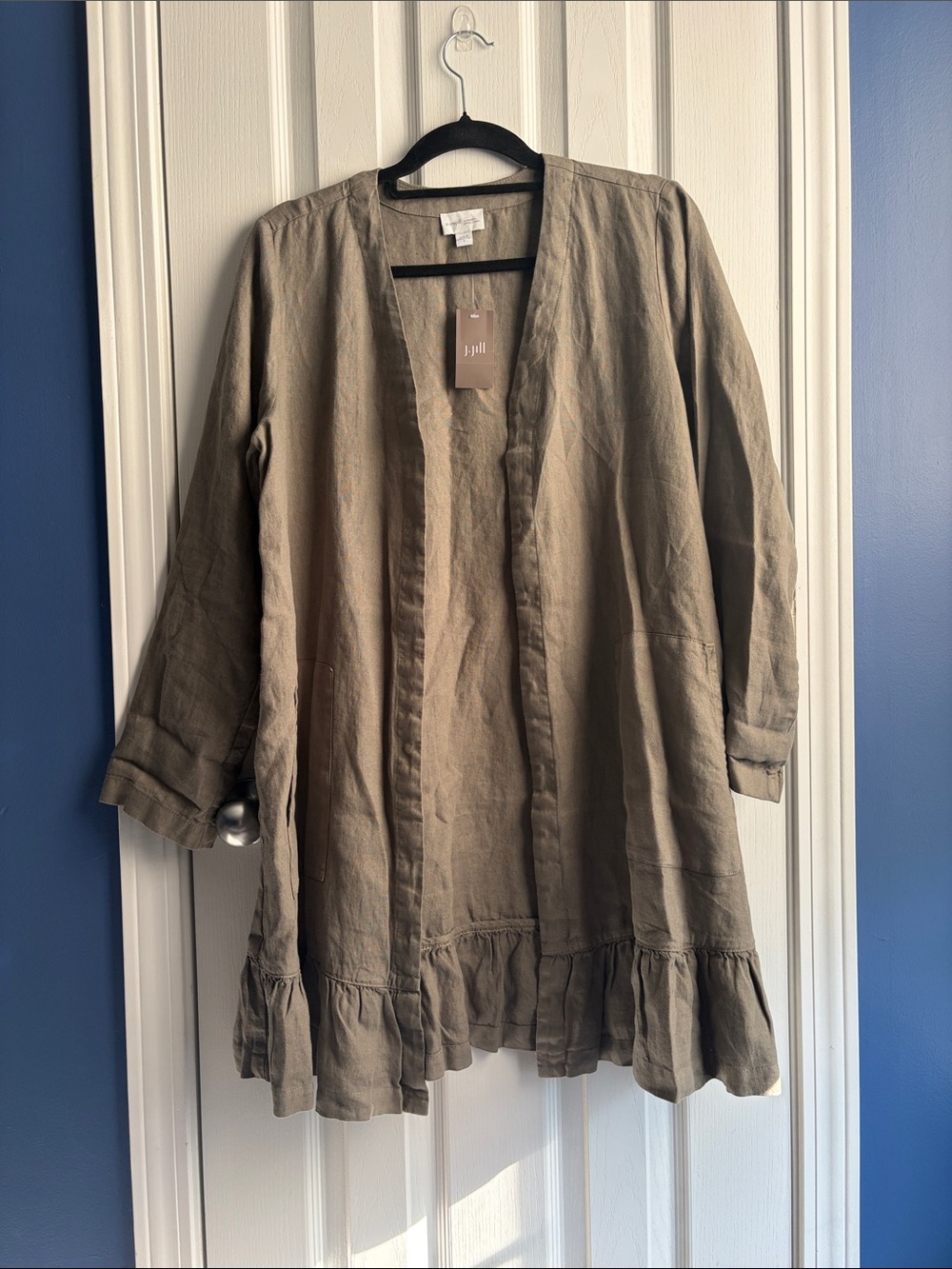 Pure Jill Garment-Dyed Linen Ruffle Hem Duster Cardigan Olive S Boho Lagenlook